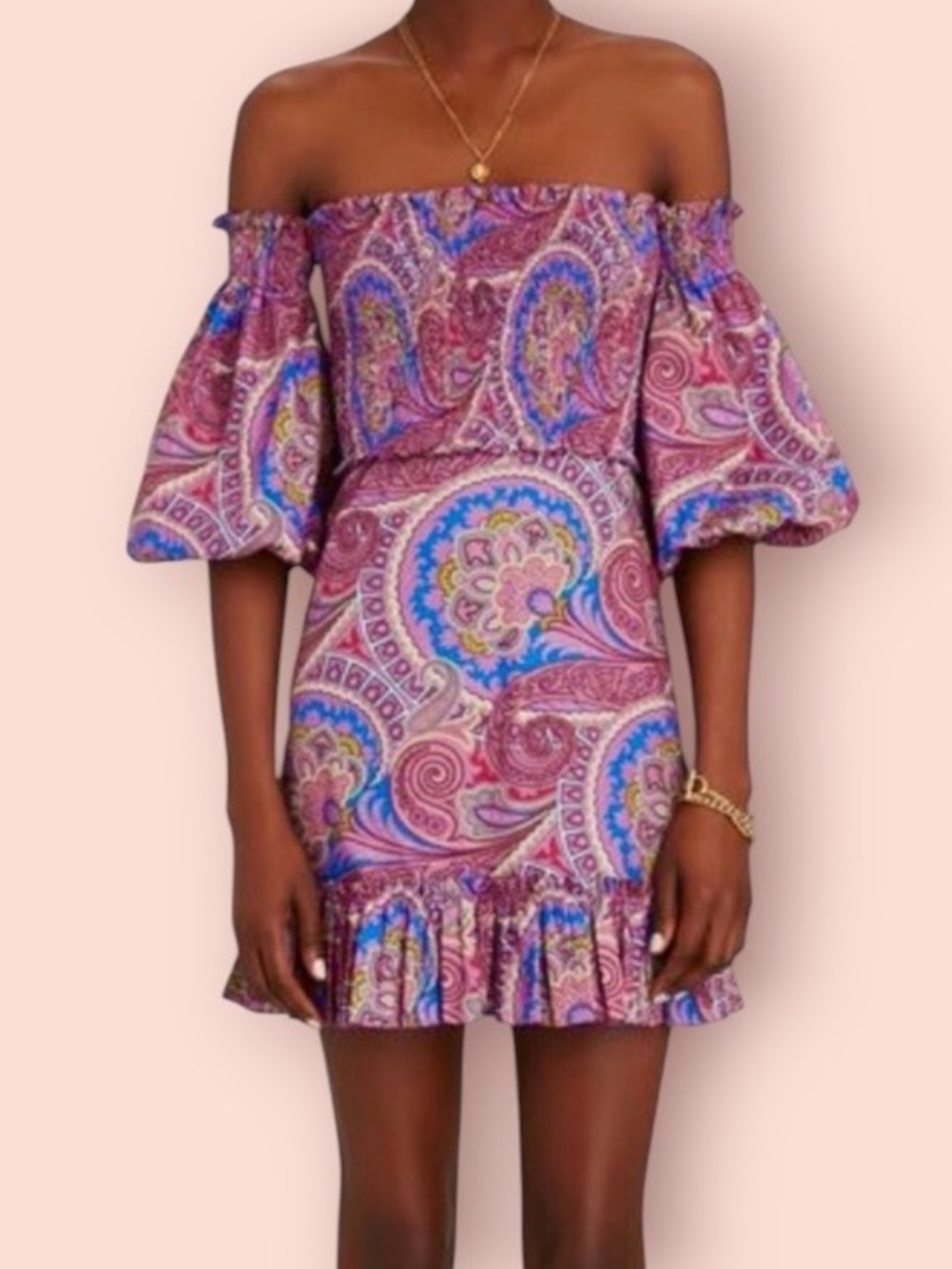 ALEXIS Smocked Off Shoulder Puff Sleeve Paisley Alona Mini Dress